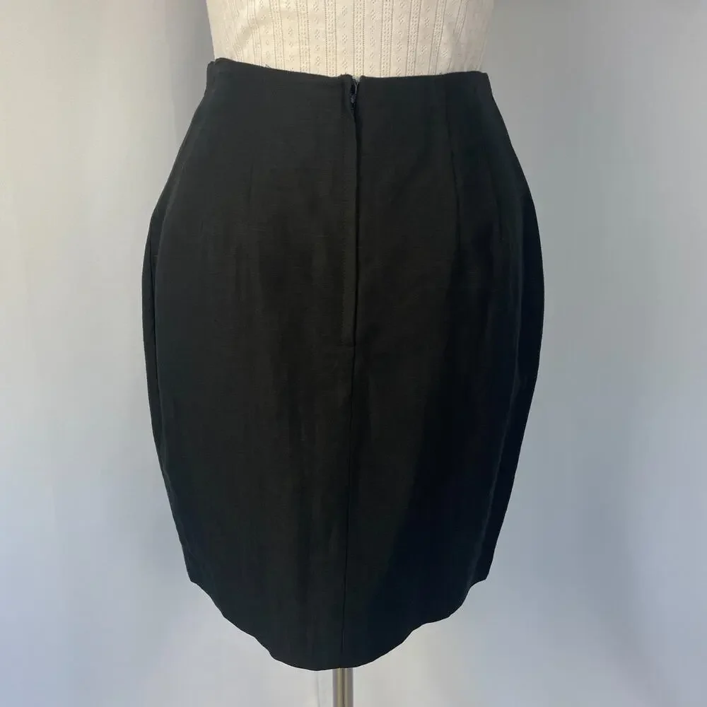 Vintage Pencil Skirt Size 6 Black Solid Faux Wrap Linen Minimal Academia Preppy